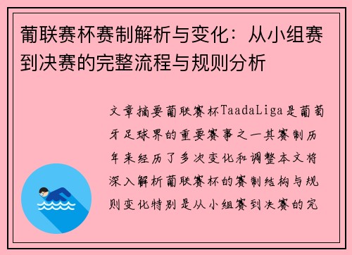 葡联赛杯赛制解析与变化：从小组赛到决赛的完整流程与规则分析