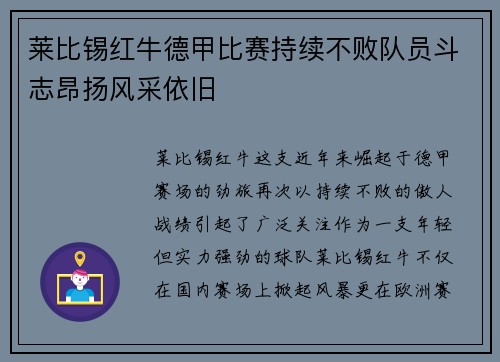 莱比锡红牛德甲比赛持续不败队员斗志昂扬风采依旧