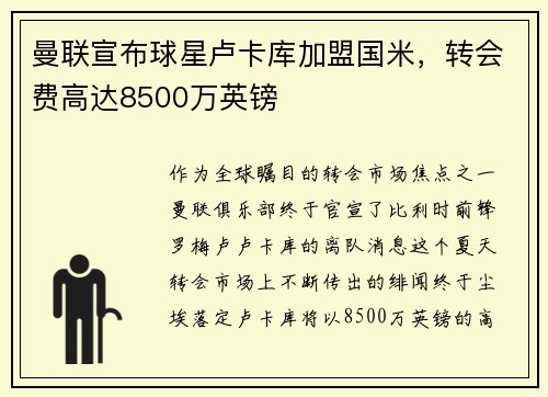 曼联宣布球星卢卡库加盟国米，转会费高达8500万英镑